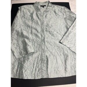 Eileen Fisher 100% Silk Light Greenish Blue Crinkle 3/4 Sleeve Shirt Jacket Sz M